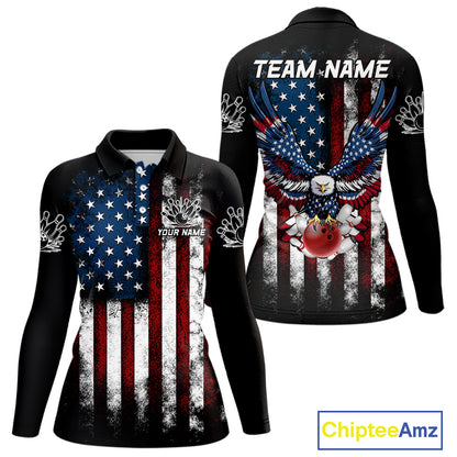 Vintage American Flag Eagle Black Bowling Shirts for Women Custom Patriotic Team Bowling Jerseys NQS10501