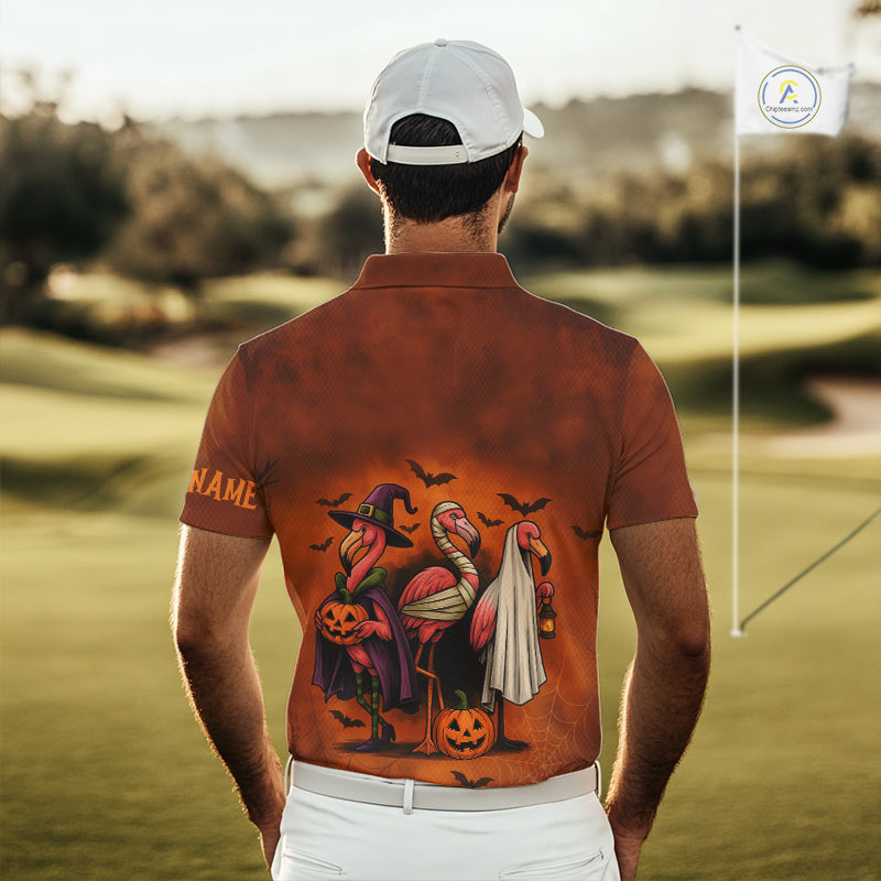 Funny Flamingo Pumpkin Golf Polo Shirt For Men Custom Halloween Golf Tops | Orange NQS10702