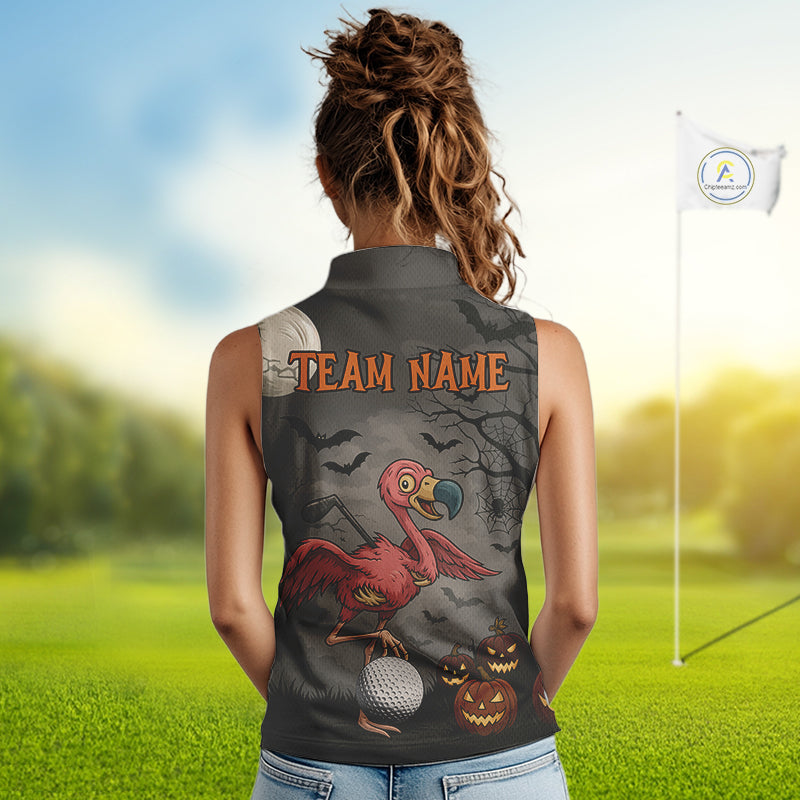Funny Halloween Flamingo Pumpkin Women Sleeveless Golf Polo Shirt Custom Halloween Ladies Golf Tops NQS10704
