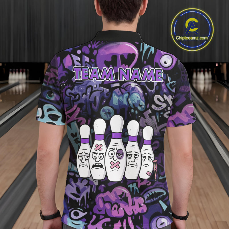 Custom Purple graffiti pattern Funny Bowling Polo, Quarter Zip Shirts For Men, Team Bowling Jersey NQS11099