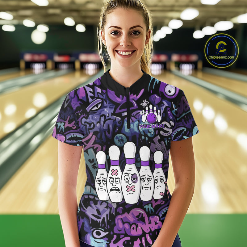 Custom Purple graffiti pattern Funny Bowling Polo, Quarter Zip Shirts For Women, Team Bowling Jersey NQS11099