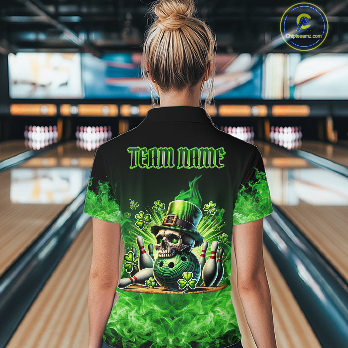 Green Flame Smoke St Patrick's Day Eagle Skull Women's Bowling Shirt Custom Lucky Bowling Team Jersey NQS11286