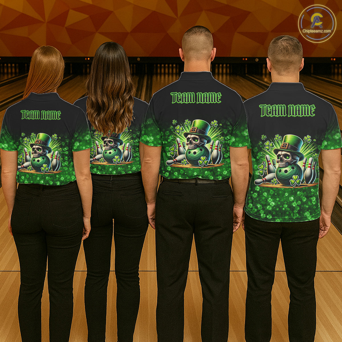 Green shamrock St Patrick's Day Eagle Skull Women's Bowling Shirts Custom Lucky Bowling Team Jersey NQS11287