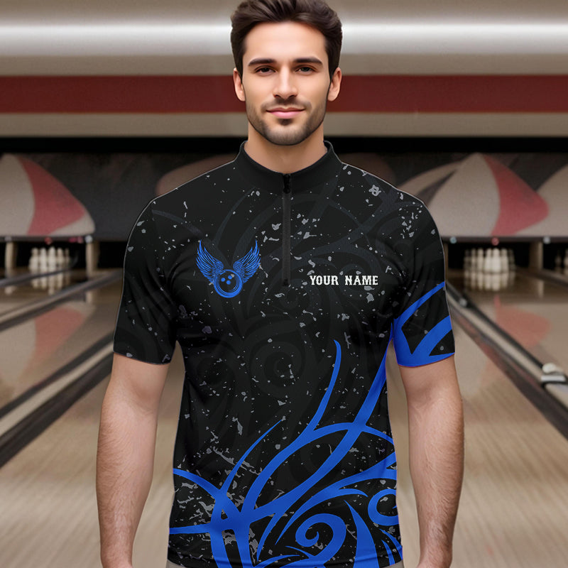 Black and Blue Camo Bowling Polo, Quarter Zip Shirts For Men Custom Team Bowling Jersey bowlers outfit NQS9417