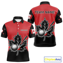 Load image into Gallery viewer, Black and Red maple leaf Mens golf polo shirts custom patriotic Canadian Flag golf attire for mens NQS9993