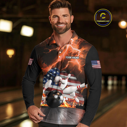 Orange Lightning thunder storm American Flag Bowling Shirt For Men Custom Bowling Team League Jerseys NQS10291