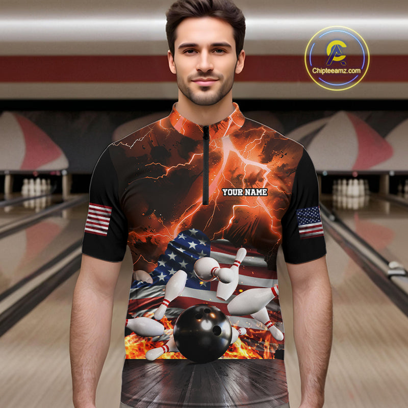 Orange Lightning thunder storm American Flag Bowling Shirt For Men Custom Bowling Team League Jerseys NQS10291