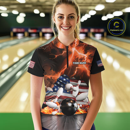 Orange Lightning thunder American Flag Bowling Shirt For Women Custom Bowling Team League Jersey NQS10291