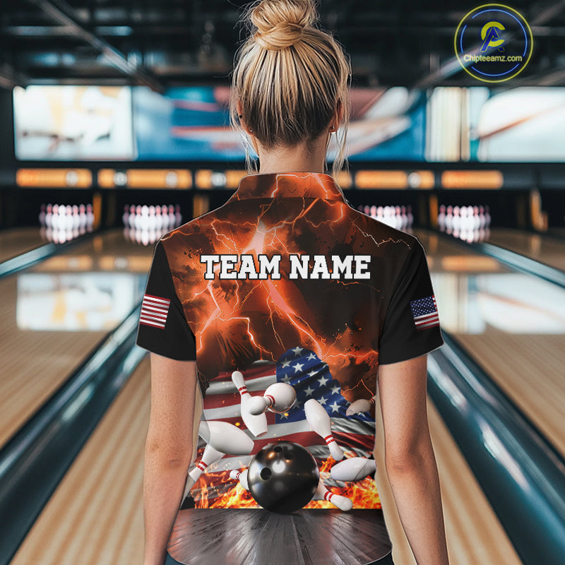 Orange Lightning thunder American Flag Bowling Shirt For Women Custom Bowling Team League Jersey NQS10291