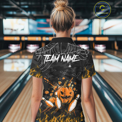 Black Bowling Camo Orange flame Skull Custom Halloween Bowling Shirts For Women, Bowling Team Jerseys NQS10705