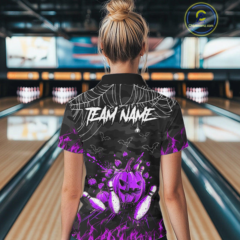 Black Bowling Camo Purple flame Skull Custom Halloween Bowling Shirts For Women, Bowling Team Jerseys NQS10706