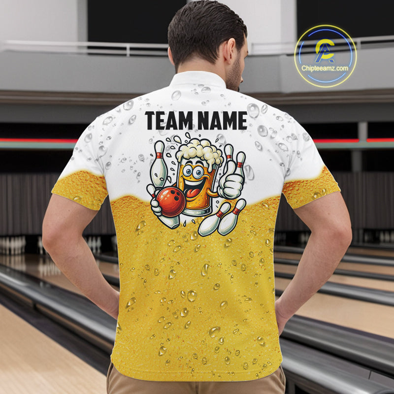 Custom White And Yellow Funny Beer Bowling Men Polo, Quarter Zip Shirts, Beer Glass Bowling Jersey NQS10918