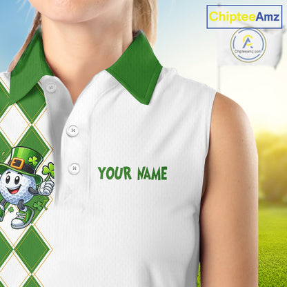 White and Green argyle pattern Sleeveless polo shirts Custom funny St Patrick day ladies golf outfit NQS11296