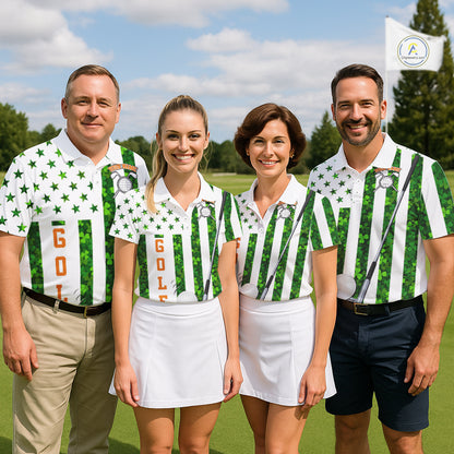 White, Green and Orange shamrock American Flag Women Golf polo shirts Custom St Patrick golf outfit NQS11297