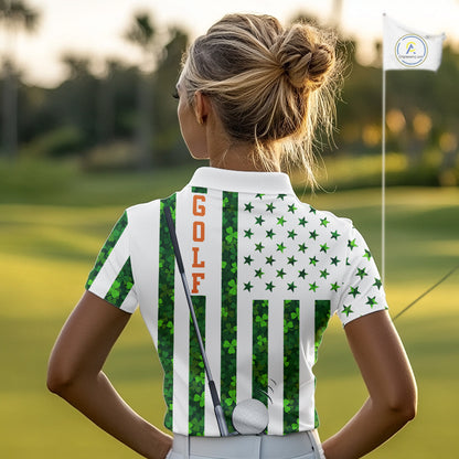 White, Green and Orange shamrock American Flag Women Golf polo shirts Custom St Patrick golf outfit NQS11297
