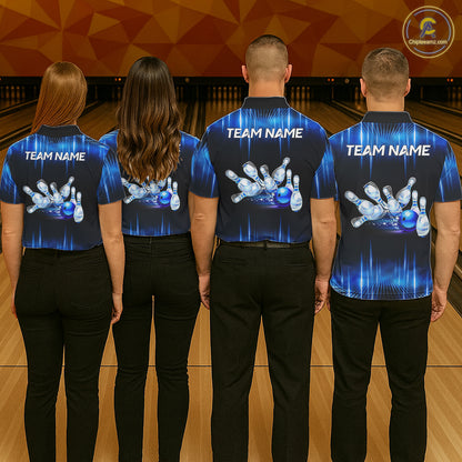 Black and Blue Bowling polo, Quarter zip Shirts for Men Custom Bowling Team jerseys, Gift For Bowler NQS11299