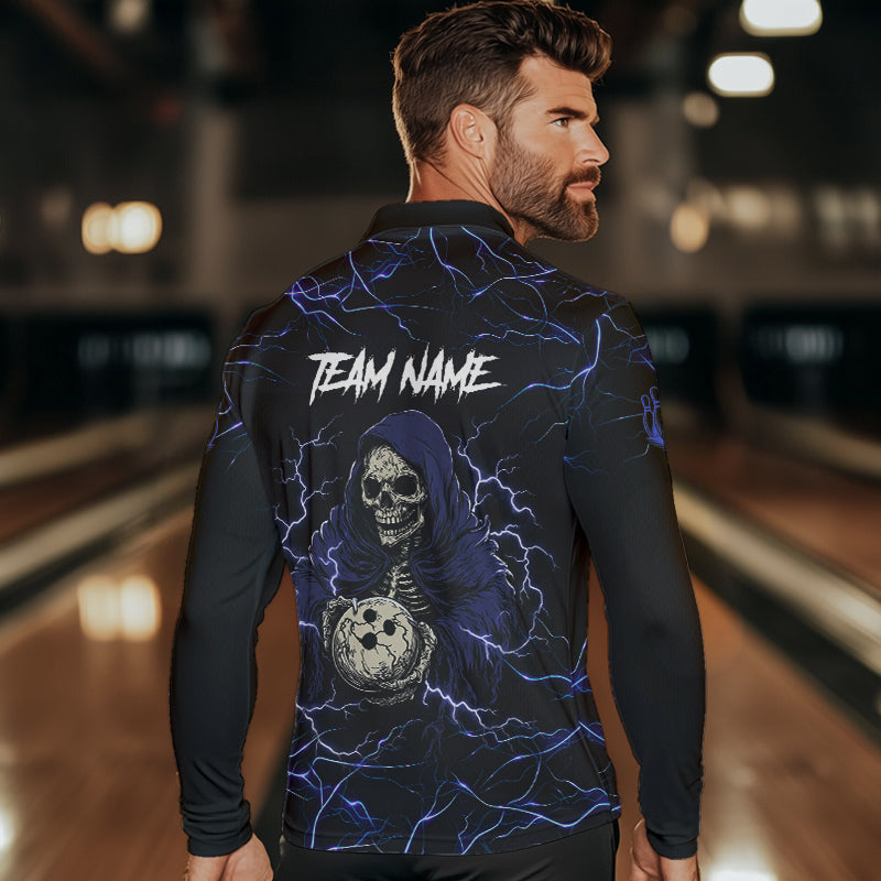 Black and Blue Lightning Thunder Skull reaper Bowling Shirts For Men Custom Bowling Team Jerseys NQS9590