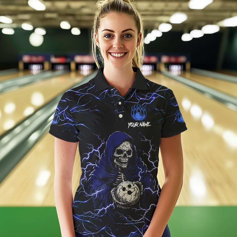Black and Blue Lightning Thunder Skull reaper Bowling Shirts For Women Custom Bowling Team Jerseys NQS9590