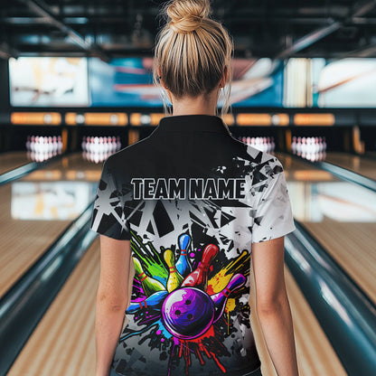 Colorful bowling jersey Polo, 1/4 Zip Shirt for Women Custom Bowling Team shirts for bowler| White NQS9729