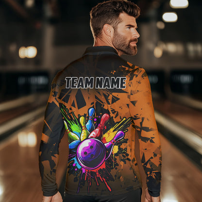Colorful bowling jerseys Polo, 1/4 Zip Shirt for Men Custom Bowling Team shirts for bowler | Orange NQS9730