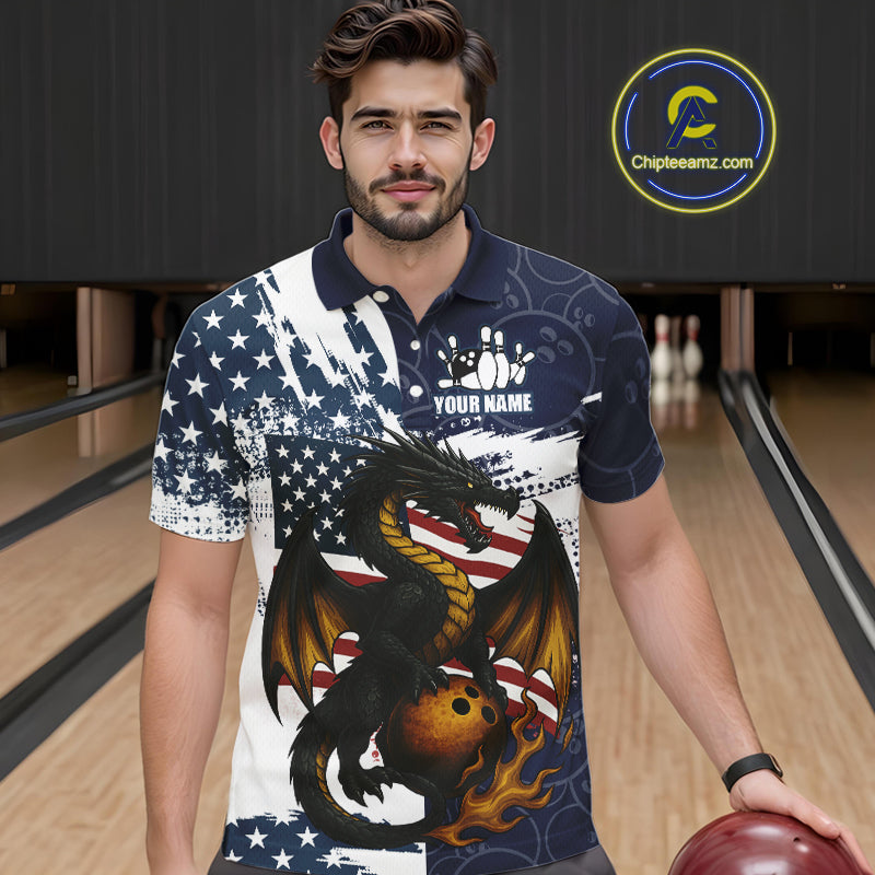 Red, White and Blue American Flag Dragon Bowling Shirts For Men Custom Patriotic Bowling Team Jersey NQS10294