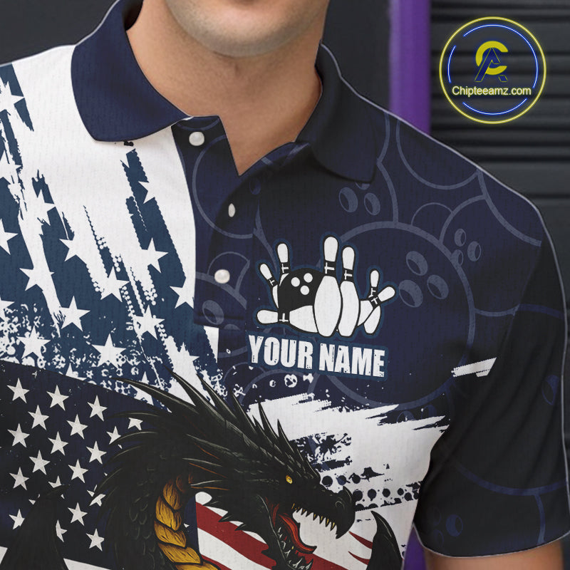 Red, White and Blue American Flag Dragon Bowling Shirts For Men Custom Patriotic Bowling Team Jersey NQS10294