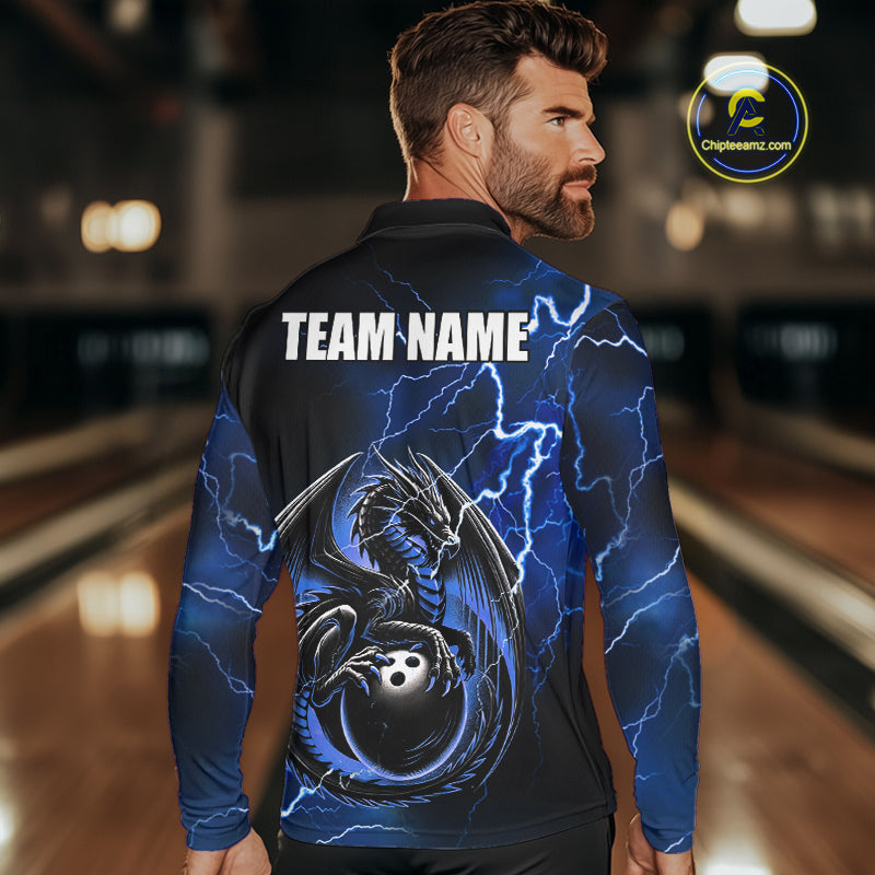Personalized Black And Blue Thunder Lightning Dragon Bowling Shirts For Men, Bowling Team Uniform NQS10295