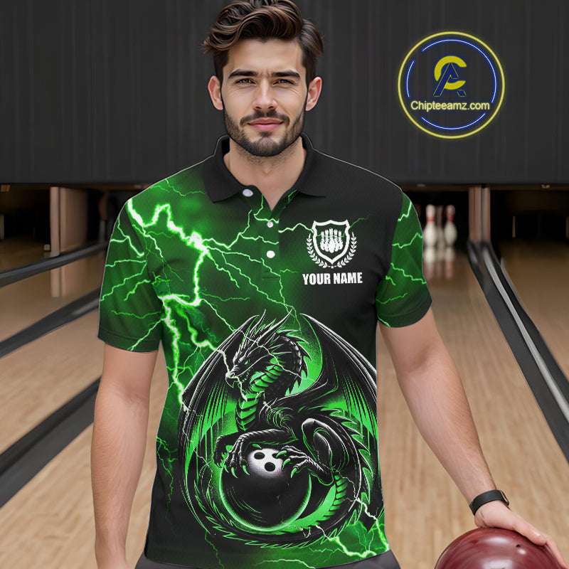 Personalized Black And Green Thunder Lightning Dragon Bowling Shirts For Men, Bowling Team Uniform NQS10296
