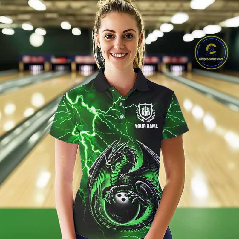 Personalized Black And Green Thunder Lightning Dragon Bowling Shirts For Women, Bowling Team Uniform NQS10296