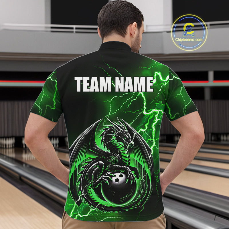 Personalized Black And Green Thunder Lightning Dragon Bowling Shirts For Men, Bowling Team Uniform NQS10296