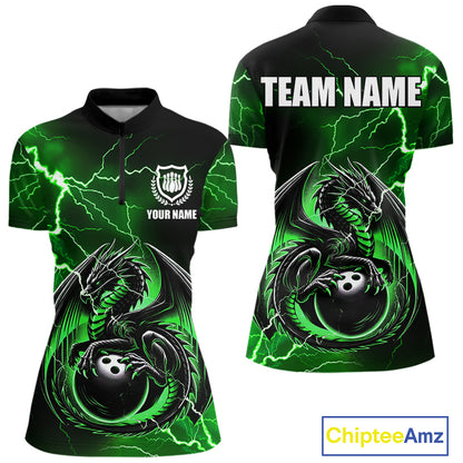 Personalized Black And Green Thunder Lightning Dragon Bowling Shirts For Women, Bowling Team Uniform NQS10296