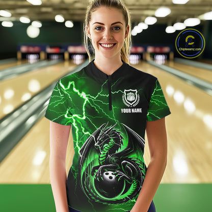 Personalized Black And Green Thunder Lightning Dragon Bowling Shirts For Women, Bowling Team Uniform NQS10296