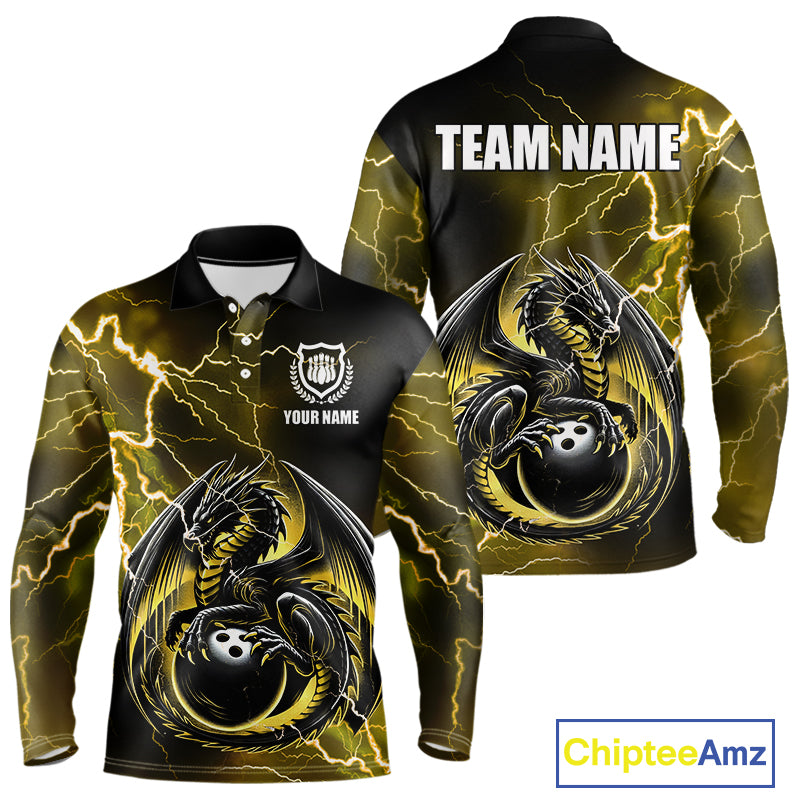 Personalized Black And Yellow Thunder Lightning Dragon Bowling Shirts For Men, Bowling Team Uniform NQS10297