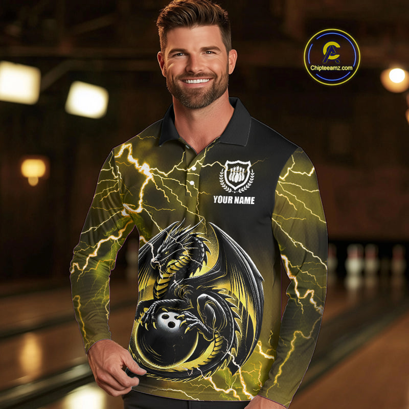Personalized Black And Yellow Thunder Lightning Dragon Bowling Shirts For Men, Bowling Team Uniform NQS10297