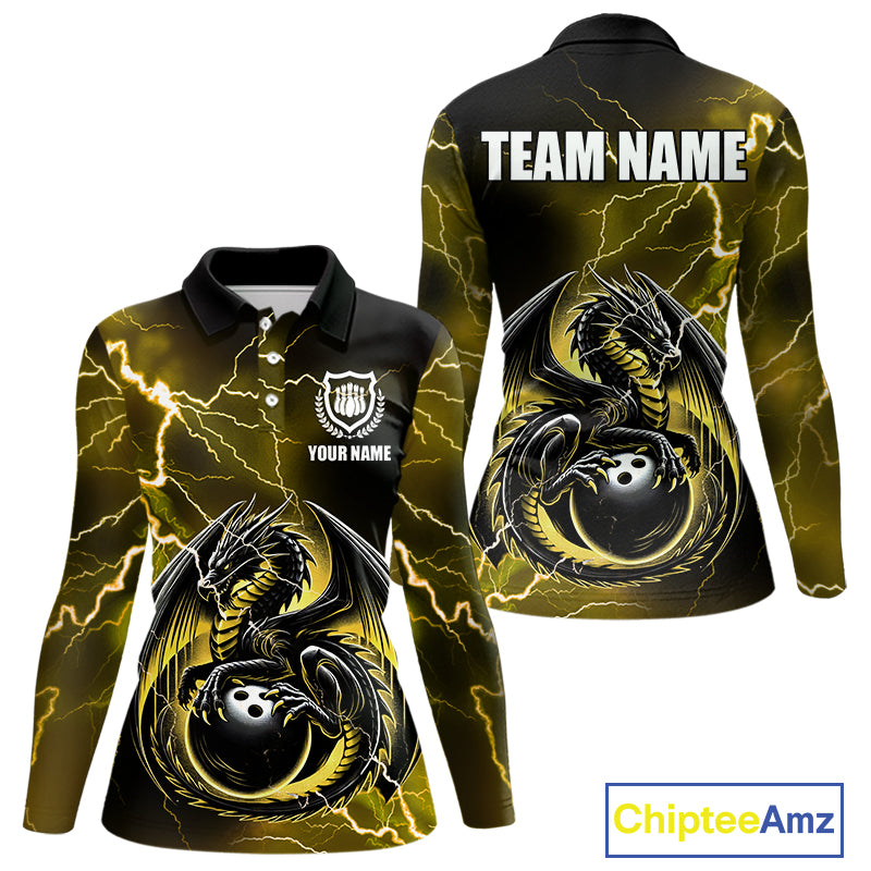 Personalized Black And Yellow Thunder Lightning Dragon Bowling Shirts For Women, Bowling Team Uniform NQS10297