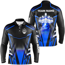 Load image into Gallery viewer, Men bowling Polo, Quarter Zip shirts Custom black &amp; blue Bowling ball pins Team Jersey bowling apparel NQS8522