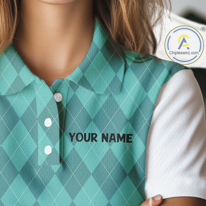 Turquoise argyle pattern Funny Flame Golf polo shirt for Women Custom team ladies Golf attire NQS11102