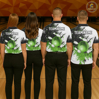 Black & White Women Bowling Polo, 1/4 Zip Shirts Custom bowling jersey, girls bowling outfit | Green NQS11306