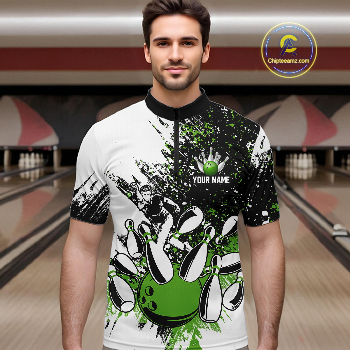 Black & White Men Bowling Polo, Quarter Zip Shirt Custom bowling jersey, mens bowling outfit | Green NQS11306