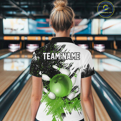 Black & White Women Bowling Polo, 1/4 Zip Shirts Custom bowling jersey, girls bowling outfit | Green NQS11306