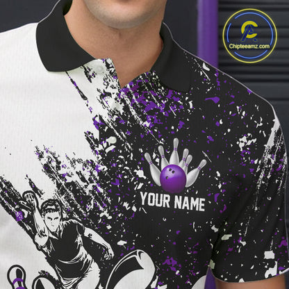 Black & White Men Bowling Polo, Quarter Zip Shirt Custom bowling jersey, mens bowling outfit | Purple NQS11307