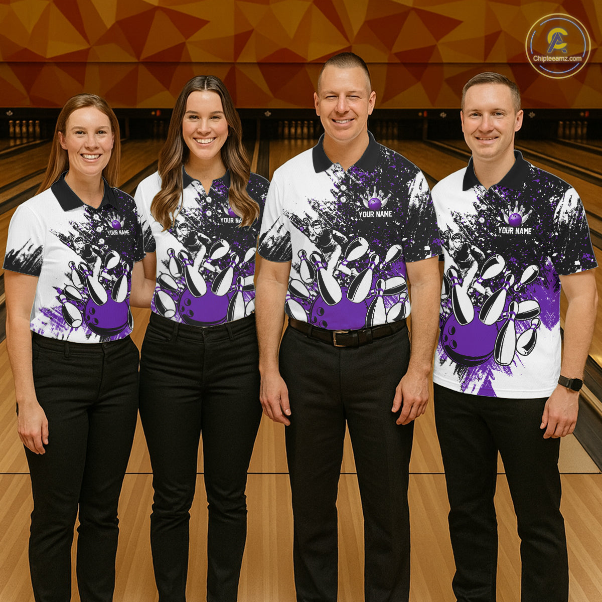 Black & White Men Bowling Polo, Quarter Zip Shirt Custom bowling jersey, mens bowling outfit | Purple NQS11307