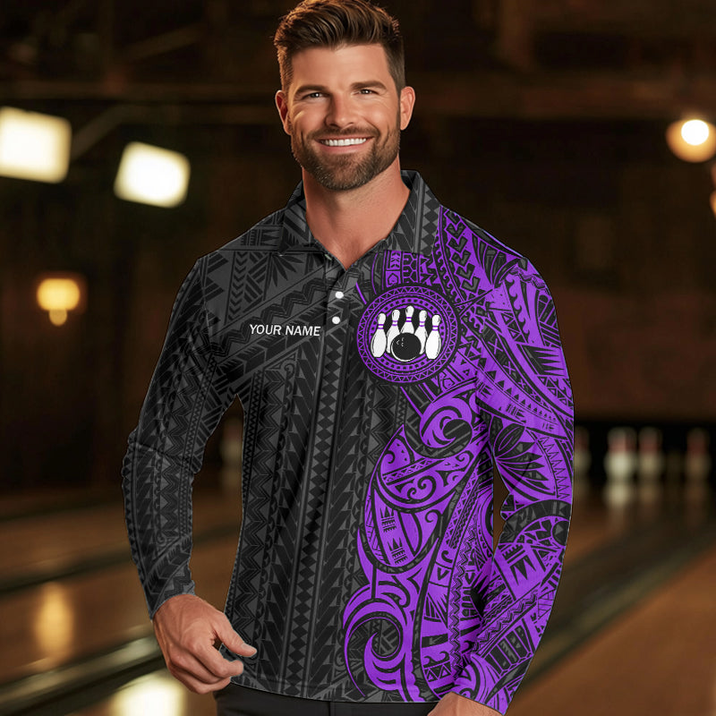 Black and Purple Tribal pattern Men Bowling Shirt Custom Bowling outfit men Team bowling league jersey NQS9740
