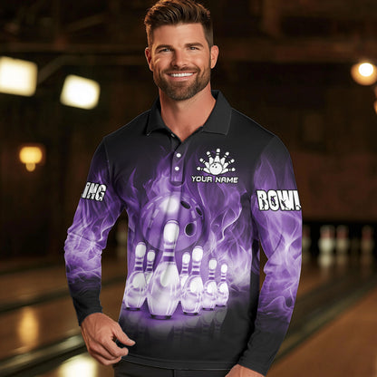 Black And Purple Flame Bowling ball pins Custom Bowling Shirts For Men, Bowling Team Shirt NQS9741