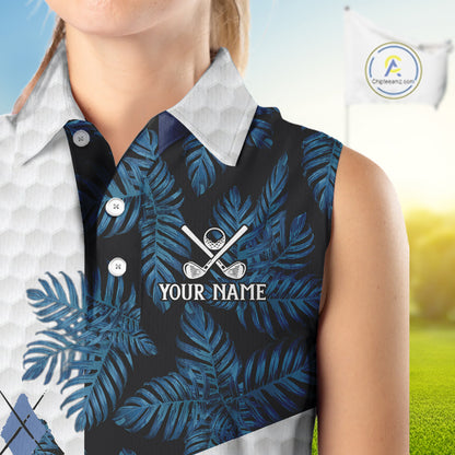 Blue tropical argyle pattern white Women Sleeveless Polo custom ladies golf top, best golf gift NQS10303