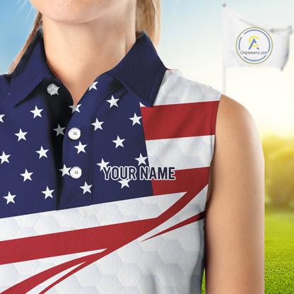 Red, White and Blue American Flag Sleeveless Polo shirt for Women custom patriotic ladies golf attire NQS10304