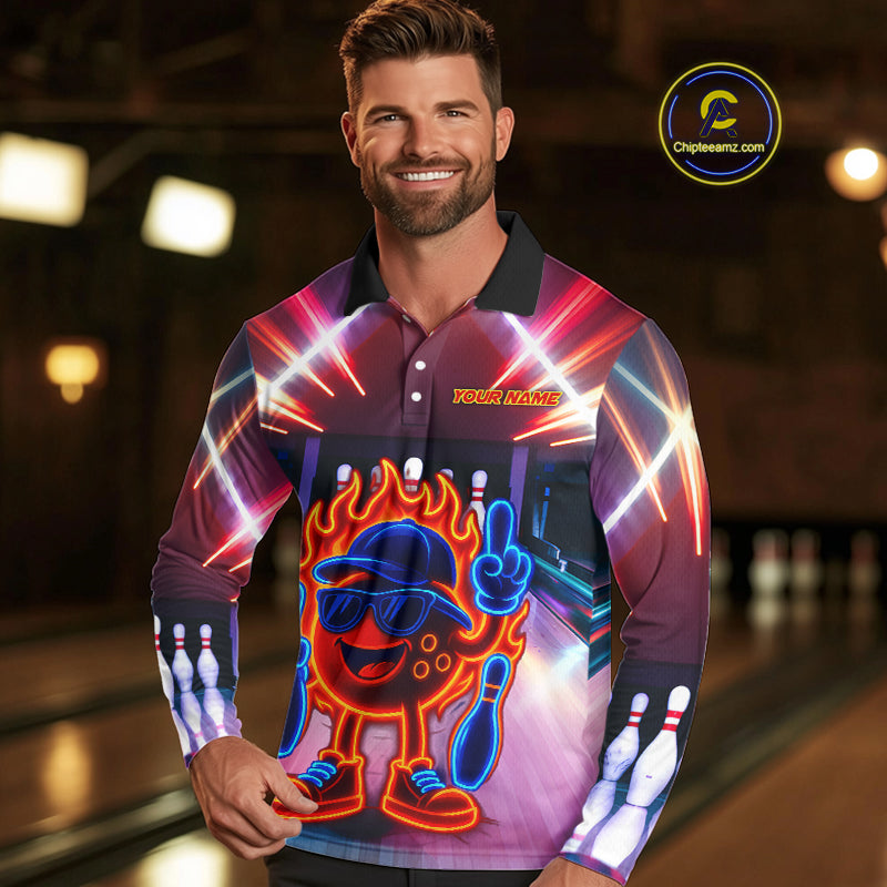 Funny Flame Neon Bowling Ball Mens Bowling Polo, Quarter Zip Shirts Custom Bowling Team jersey NQS10306