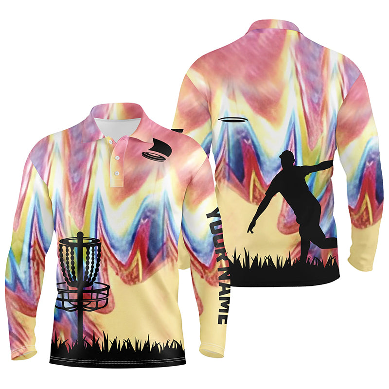 Mens disc golf polo shirts with colorful tie dye background disc golf basket custom disc golf jerseys NQS6204