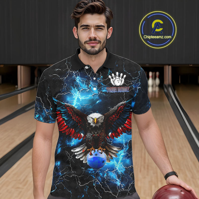 Blue Thunder Lightning American Flag Eagle Skull Mens Bowling Shirts Custom Bowling Team Jersey NQS10724