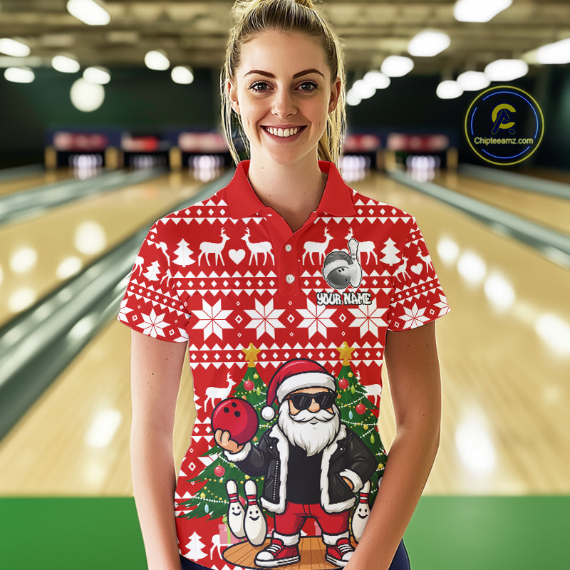 Funny Santa Christmas Women Bowling Polo, Quarter Zip Shirt Custom Team Bowling Jersey | Red NQS10936